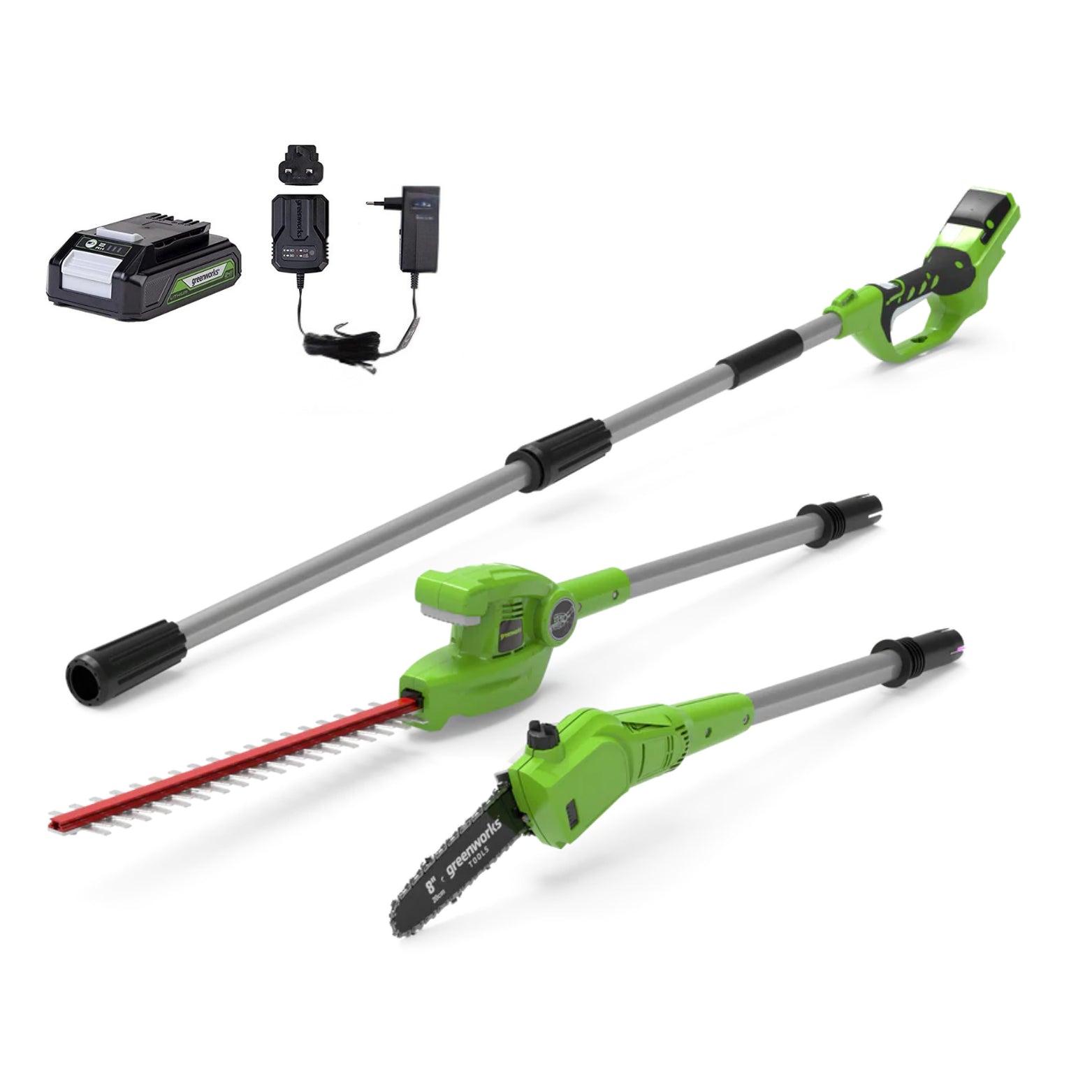 2-in-1 24V Hochentaster und Teleskop-Heckenschere